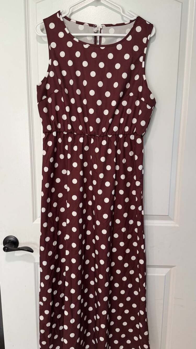 Brown Polka Dot Maxi Dress Cream Sleeveless Retro Pinup Women’s Size XL